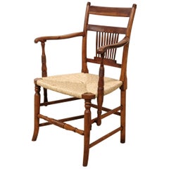 English Fruitwood Windsor Chair with Rush Seat, East Anglia, Rich Color