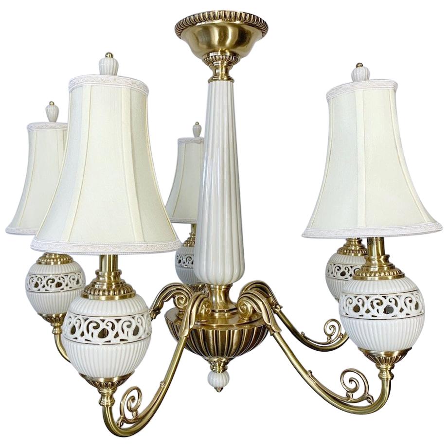 Brass and Ceramic Five-Light Chandelier by Lenox