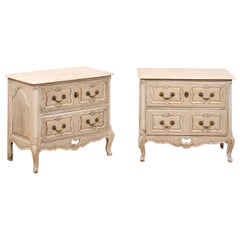 Pair of French Vintage Marble-Top Painted Wood Commodes with Pierced Skirts