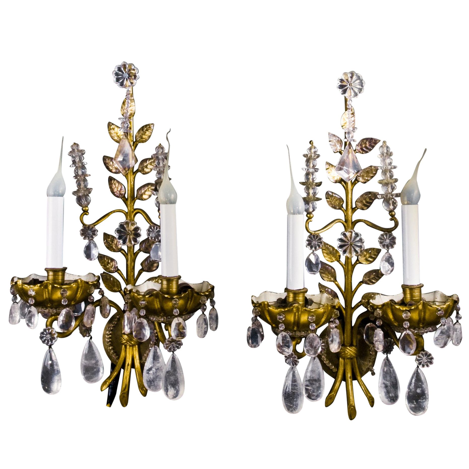 Pair of French Louis XVI Baguès Style Rock Crystal and Gilt Bronze Wall Sconces