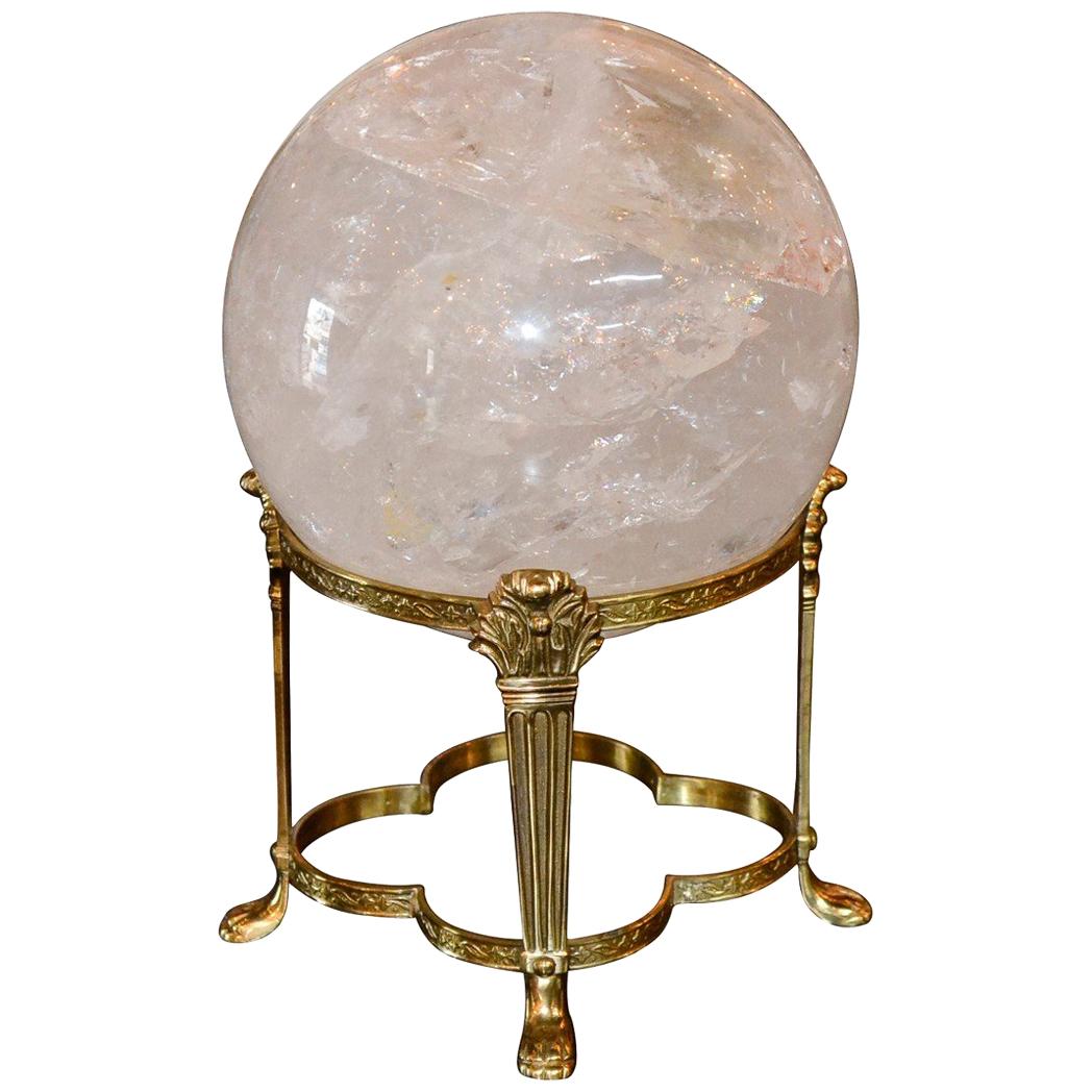 Large Round Rock Crystal Sphere on Brass Stand