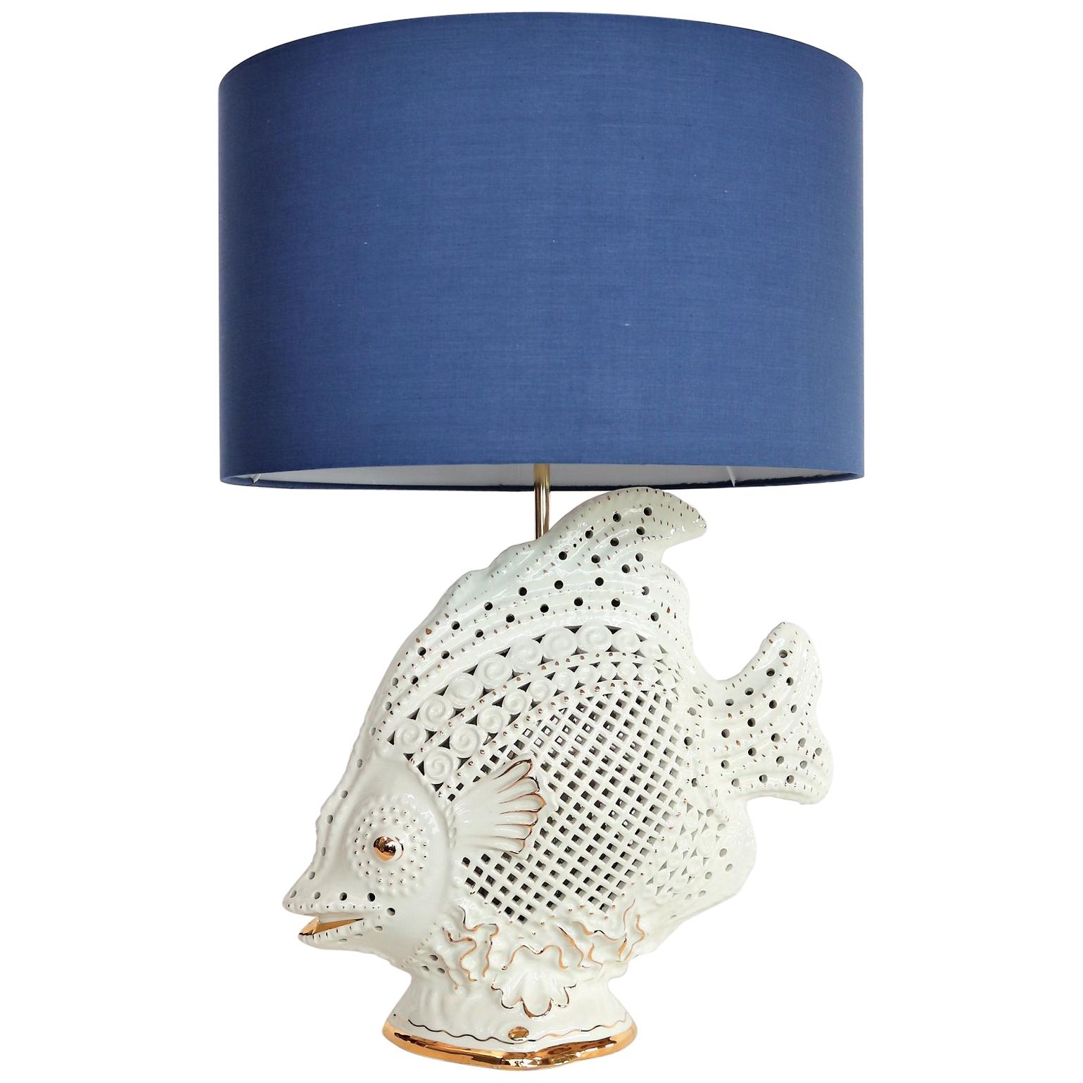 Italian Midcentury Big Ceramic Fish Lamp with Brass Details, 1960s For Sale