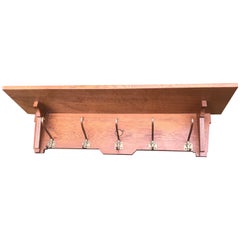 Stylish Design Arts & Crafts Oak Wall Coat Rack with Inlaid Motifs & Brass Hooks