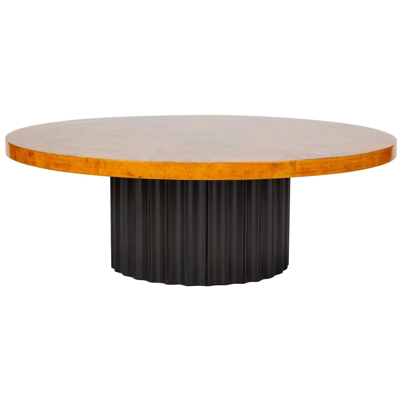 Custom 1970s Round Coffee Table in Lacquered Parchment with Pedestal Base