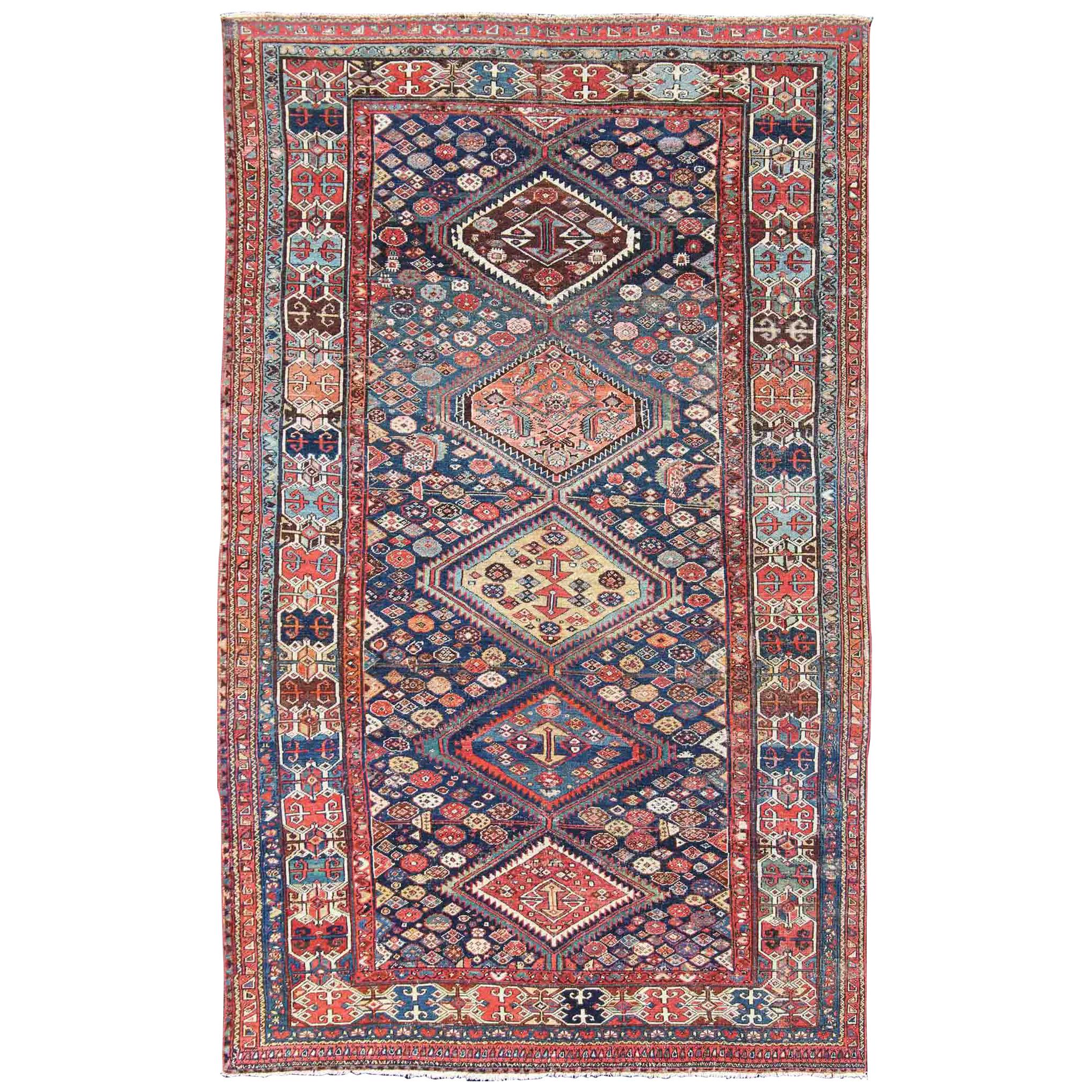 Antique Persian Bibikabad Rug with Diamond Medallions in Blue Background