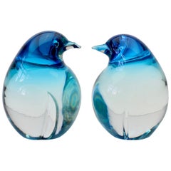 Elio Raffaeli Signed Blue 'Sommerso' Murano Glass Penguins or Bird Figures