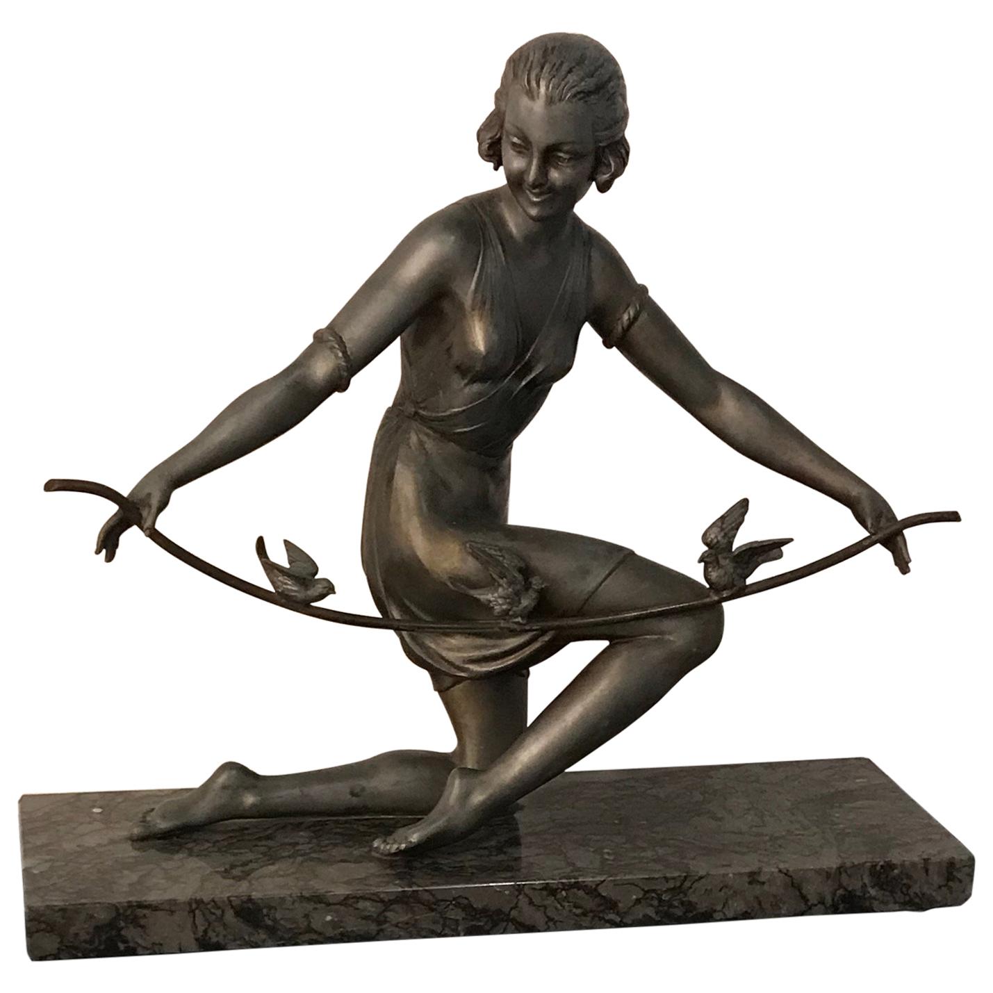 French Art Deco Female Sculpture on Marble For Sale