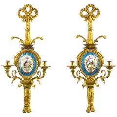 Pair of French Gilt Bronze and Sevres Sconces