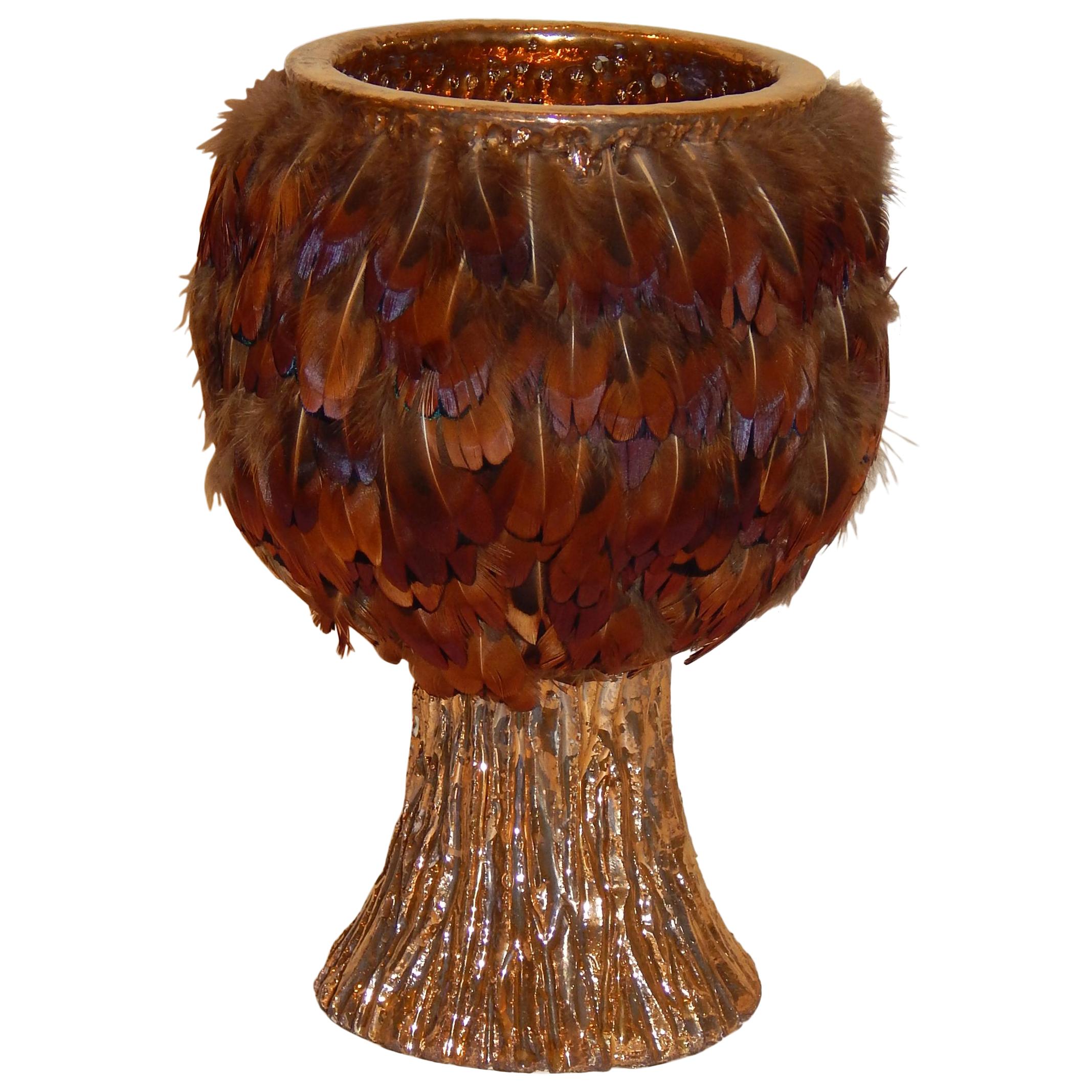 Ken Shores Art Pottery Chalice Form Fetish Pot with Applied Feathers For Sale