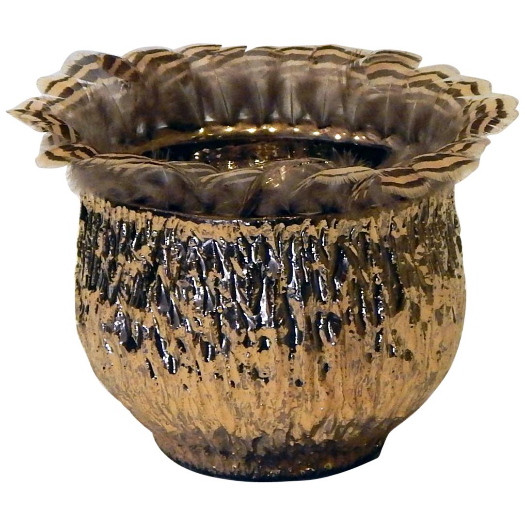 Ken Shores Art Pottery Cup Form Fetish Pot with Applied Feathers, circa 1960s