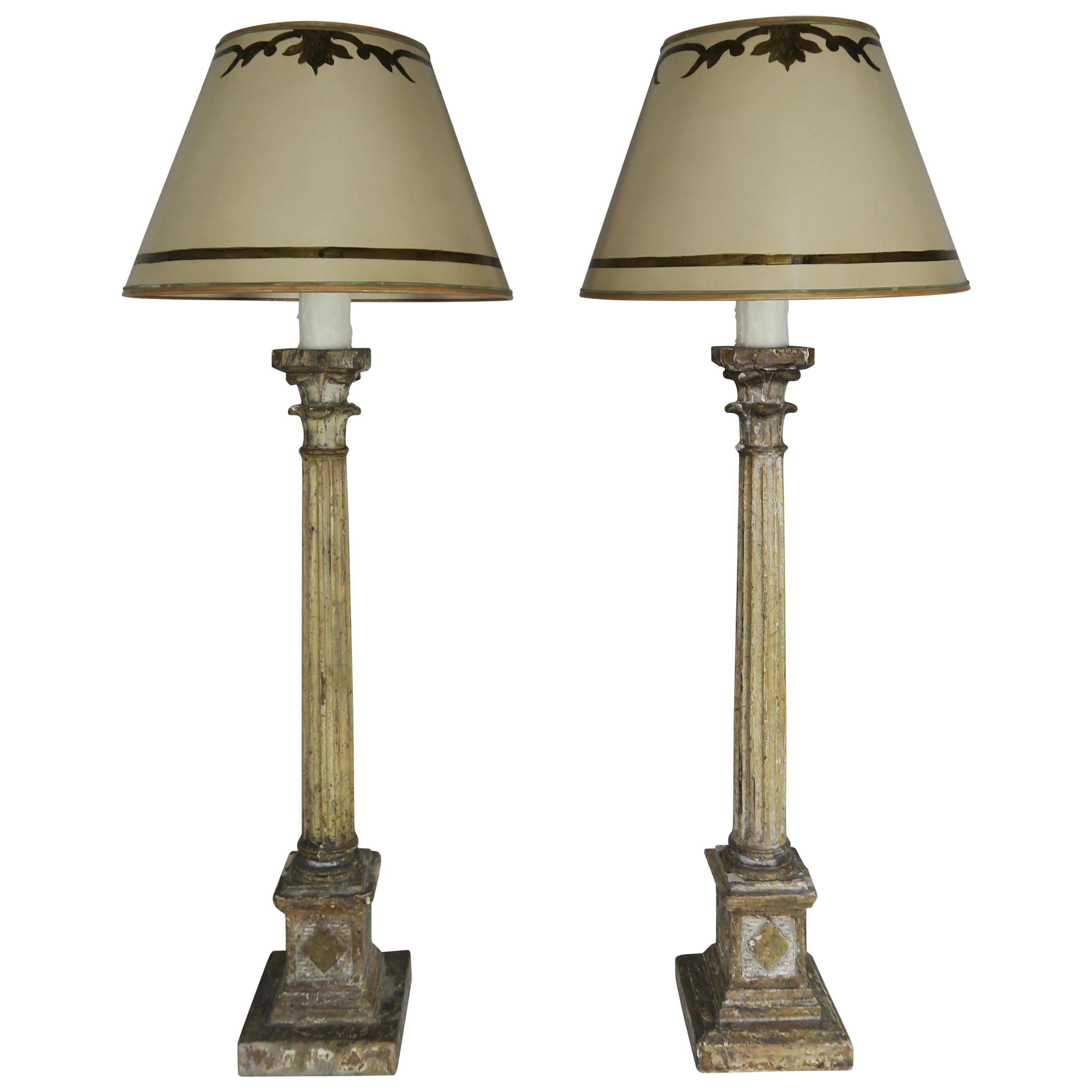 Pair of Italian Carved Neoclassical Style Lamps with Parchment Shades en vente