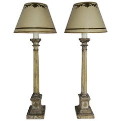 Antique Pair of Italian Carved Neoclassical Style Lamps with Parchment Shades
