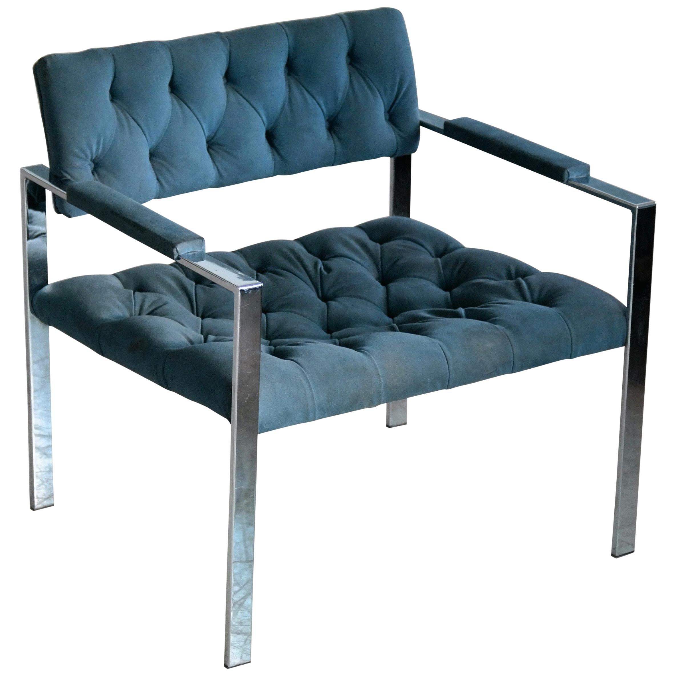 Harvey Probber Style Mid-Century Modern Chrome and Tufted Velvet Lounge Chair