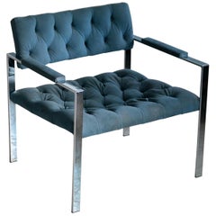 Retro Harvey Probber Style Mid-Century Modern Chrome and Tufted Velvet Lounge Chair