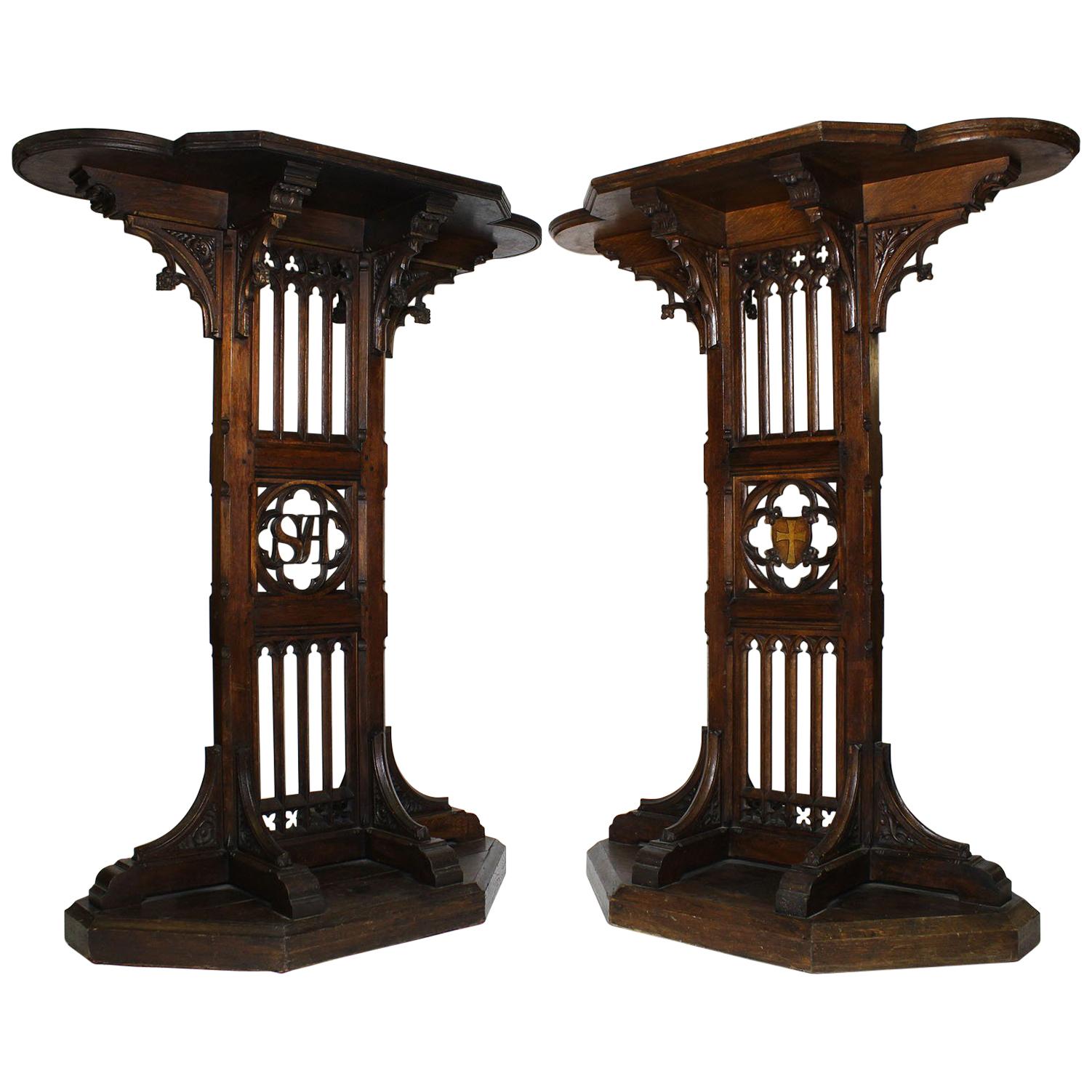 Pair of Tall French 19th Century Gothic Revival Style Carved Oak Church Pedestal