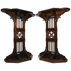 Antique Pair of Tall French 19th Century Gothic Revival Style Carved Oak Church Pedestal