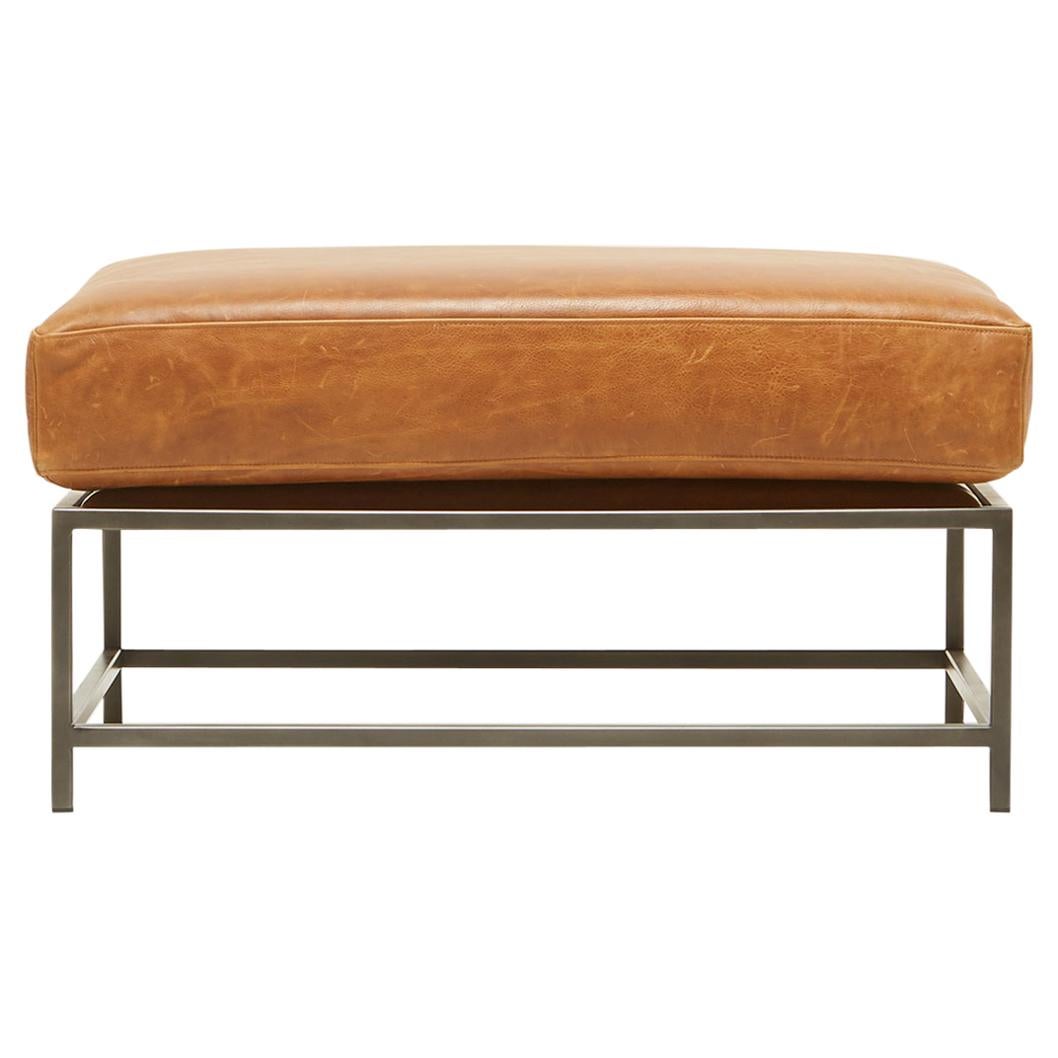 Potomac Tan Leather and Blackened Steel Ottoman For Sale
