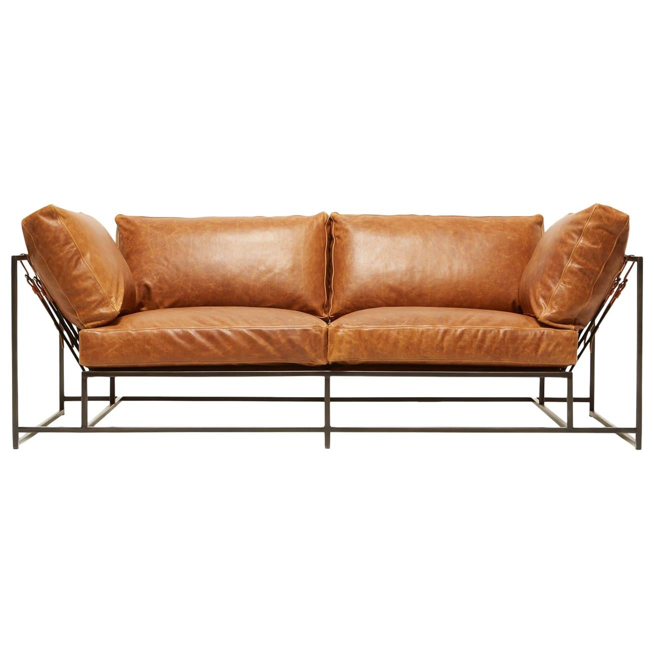 Potomac Tan Leather and Blackened Steel Two-Seat Sofa