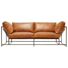 Potomac Tan Leather and Blackened Steel Two-Seat Sofa