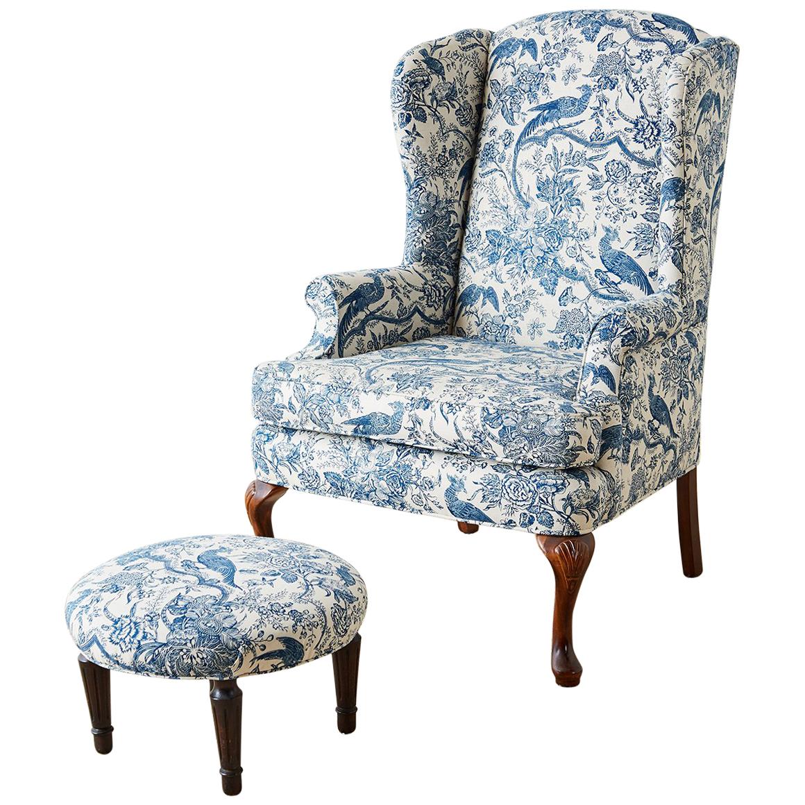 Chinoiserie Upholstered Queen Anne Wingback with Ottoman