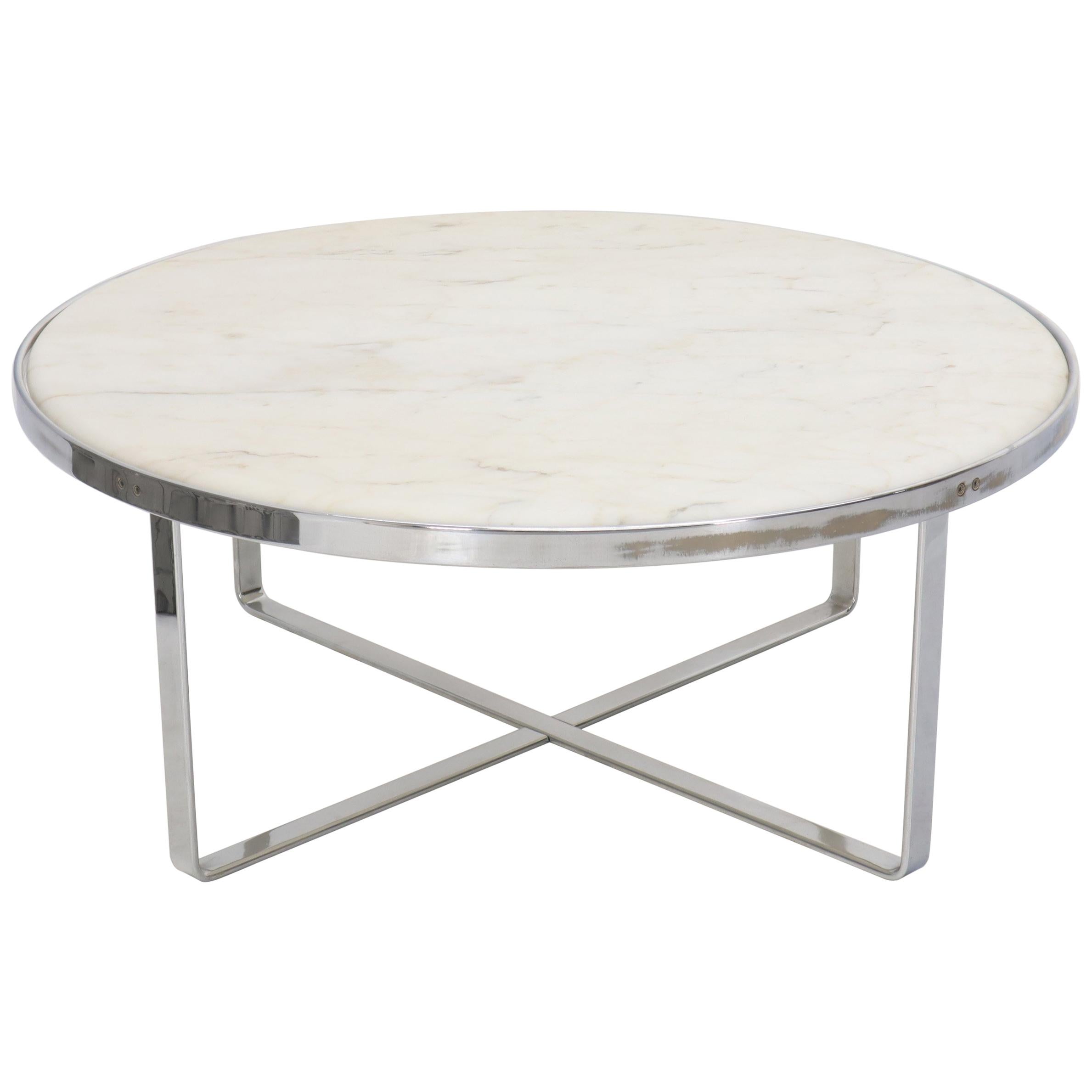 Large Round Chrome Base and Basel Marble Top Coffee Table