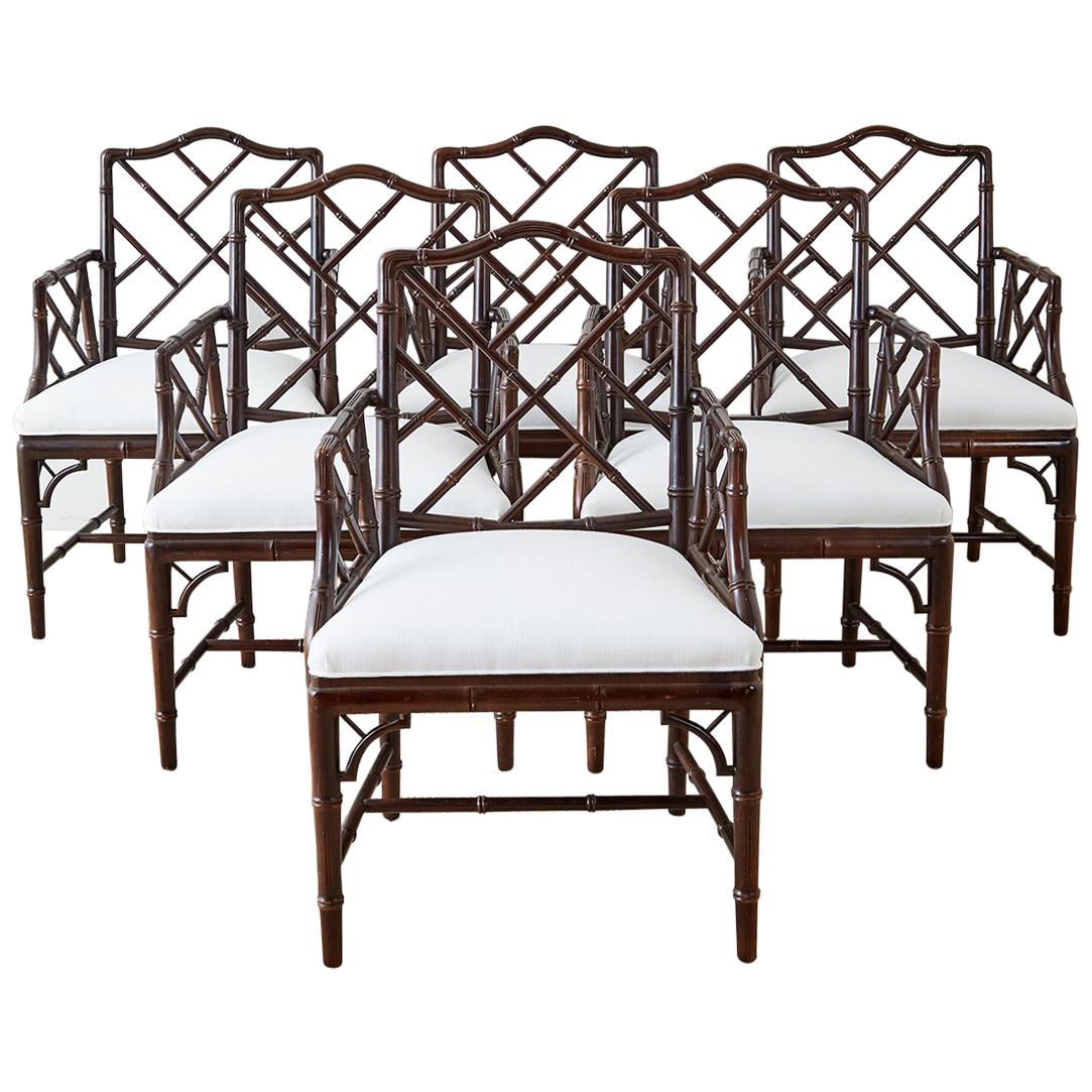 Chinese Chippendale Chocolate Lacquered Faux Bamboo Dining Chairs