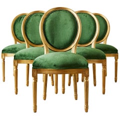 Louis XVI Emerald Green Velvet Gilt Dining Chairs