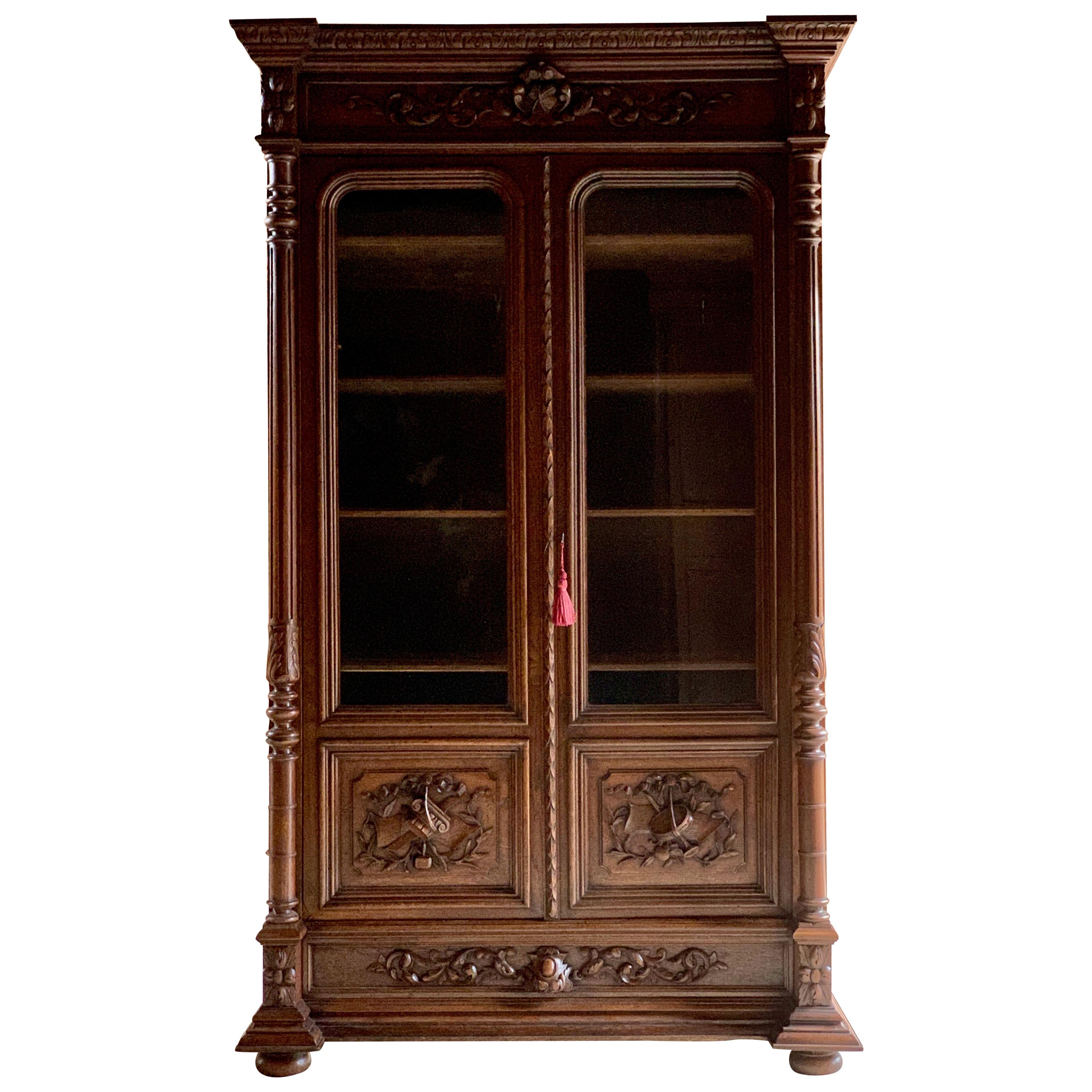Antique French Bookcase Vitrine Heavily Carved Solid Oak, circa 1890