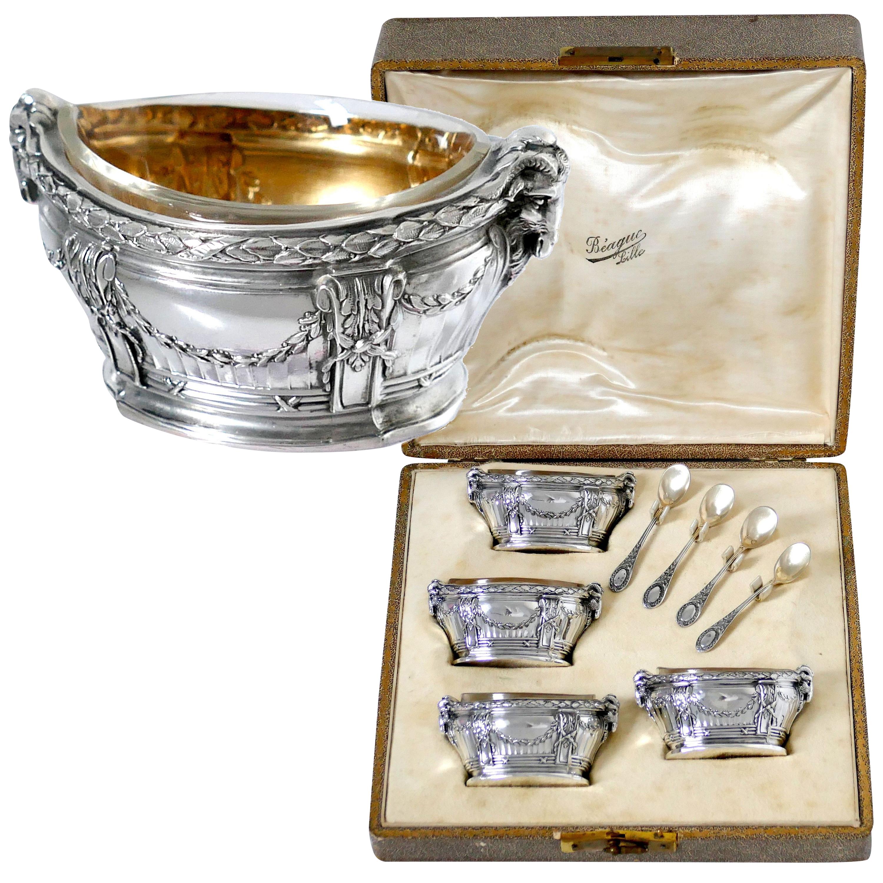 Puiforcat Masterpiece French Sterling Silver Four Salt Cellars, Box, Ram's Head For Sale