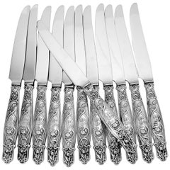 Used Rare French Sterling Silver Dinner Knife Set 12 Pc, Poppie, New Stainless Blades