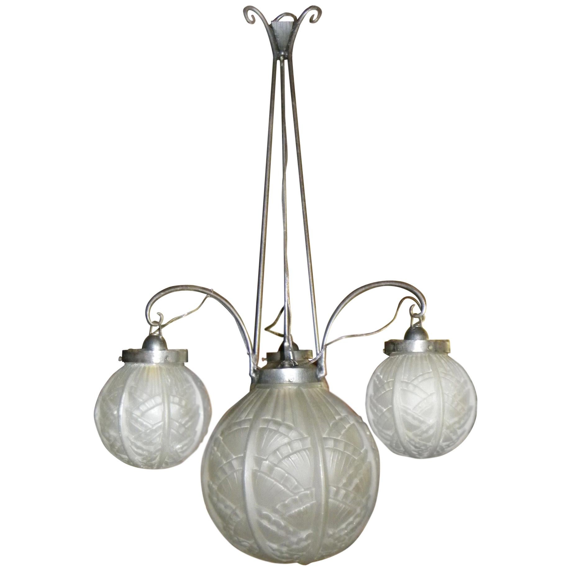 Art Deco Iron Chandelier with Pressed Glass Globes