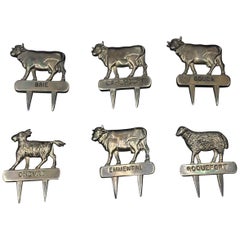 Vintage Set of 6 Flat Cheese Pins with Animals in Silver Plated