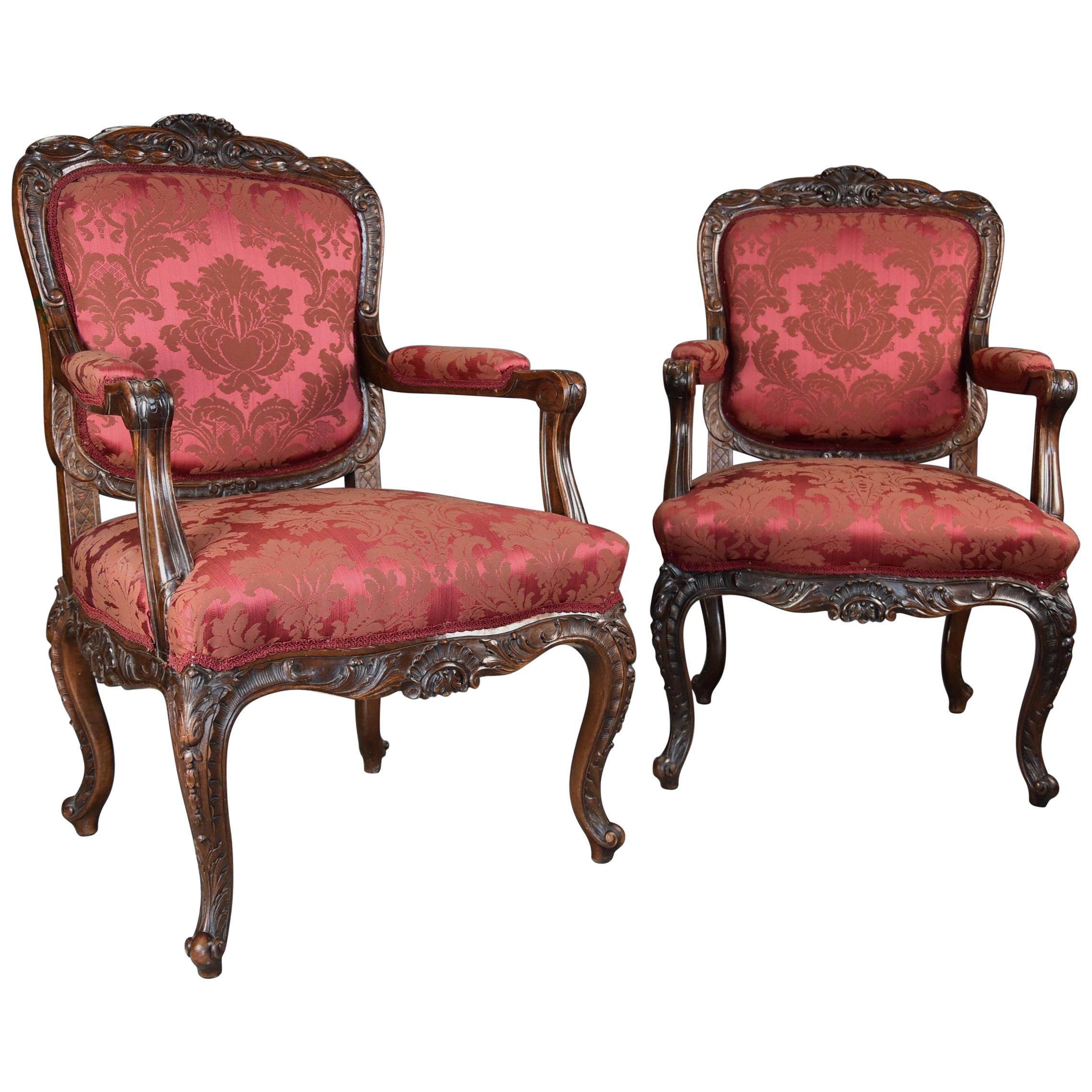 Pair of Fine Quality French, 19th Century Walnut Fauteuils or Open Armchairs