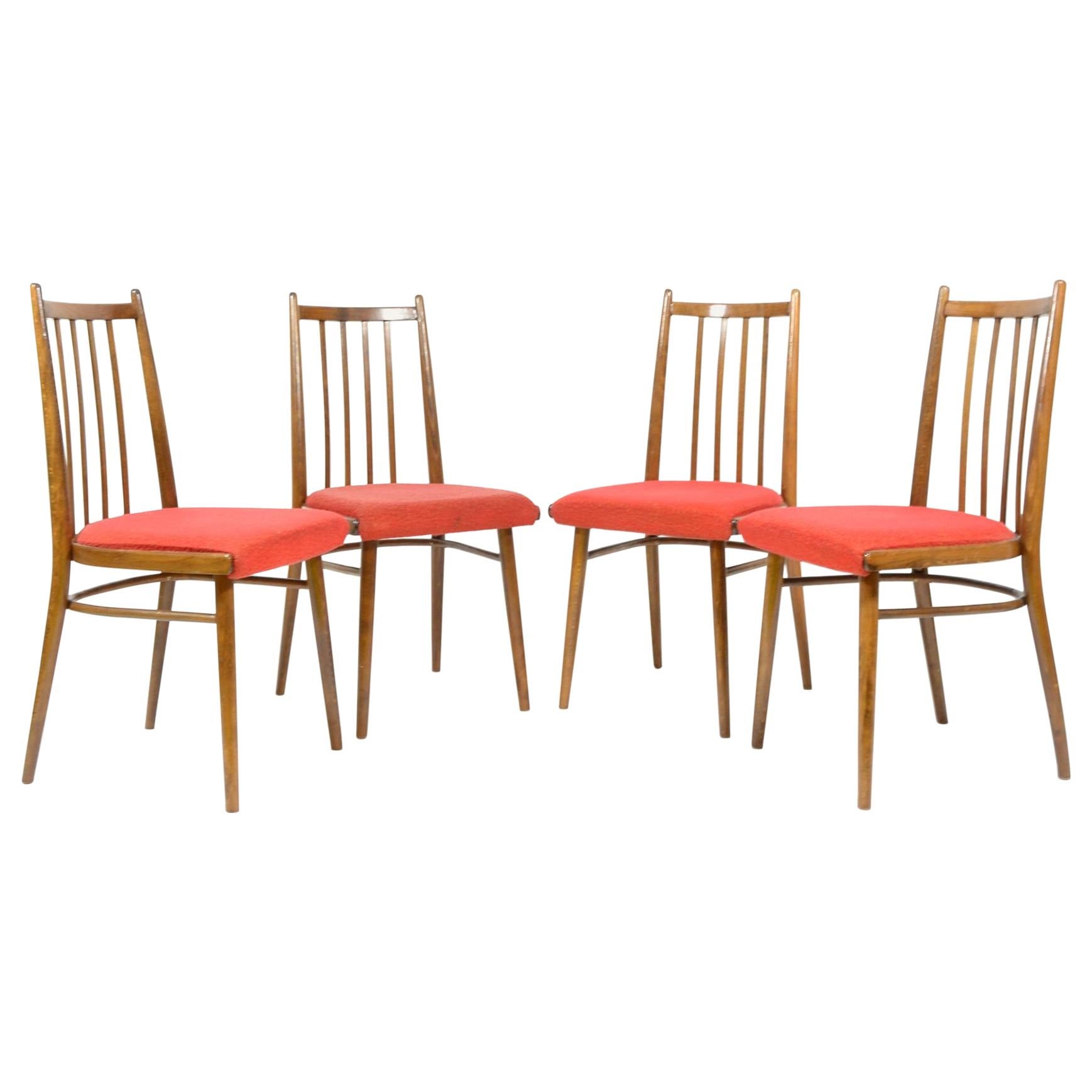 Set of Four Vintage Dining Chairs, Red Upholstered, Czechoslovakia, 1970s For Sale