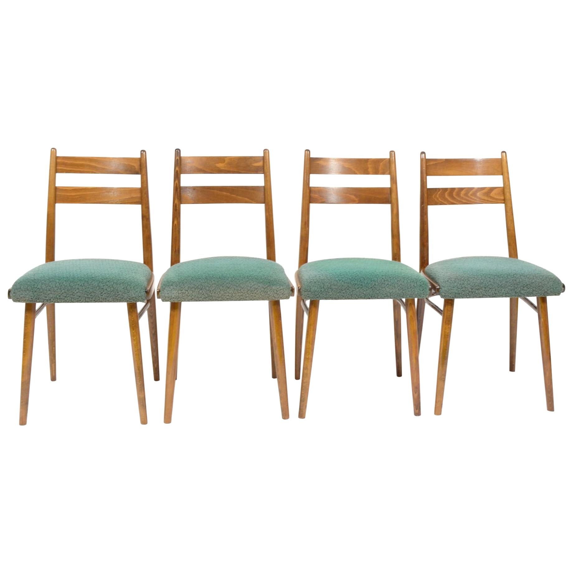 Set of Four Vintage Dining Chairs, Green Seats, Czechoslovakia, 1970s