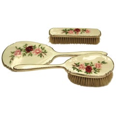 Vintage 3-Piece Sterling Silver and Floral Enamel Dressing Table Hairbrush Set