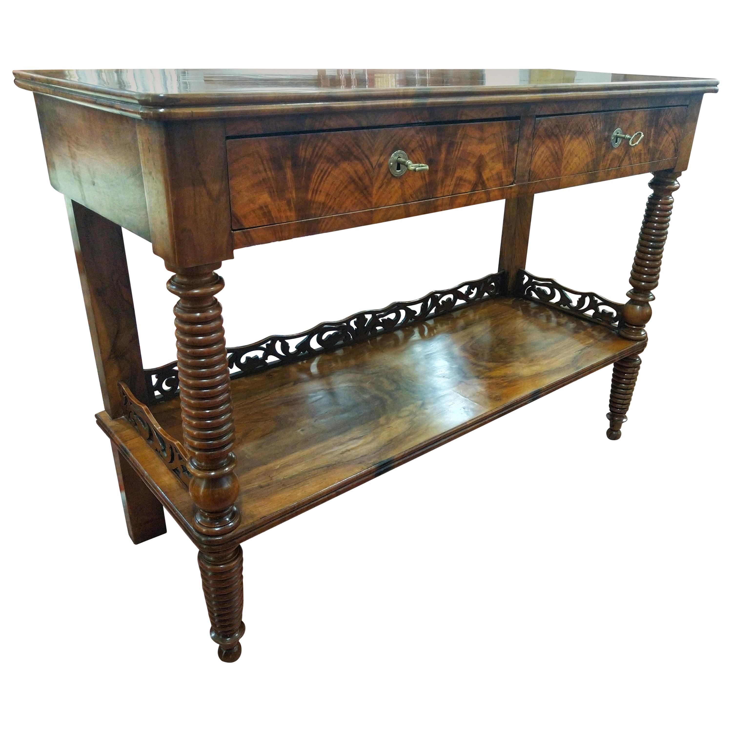 19th Century Regency Flame Walnut English Console Table Restored LAST PRICE For Sale