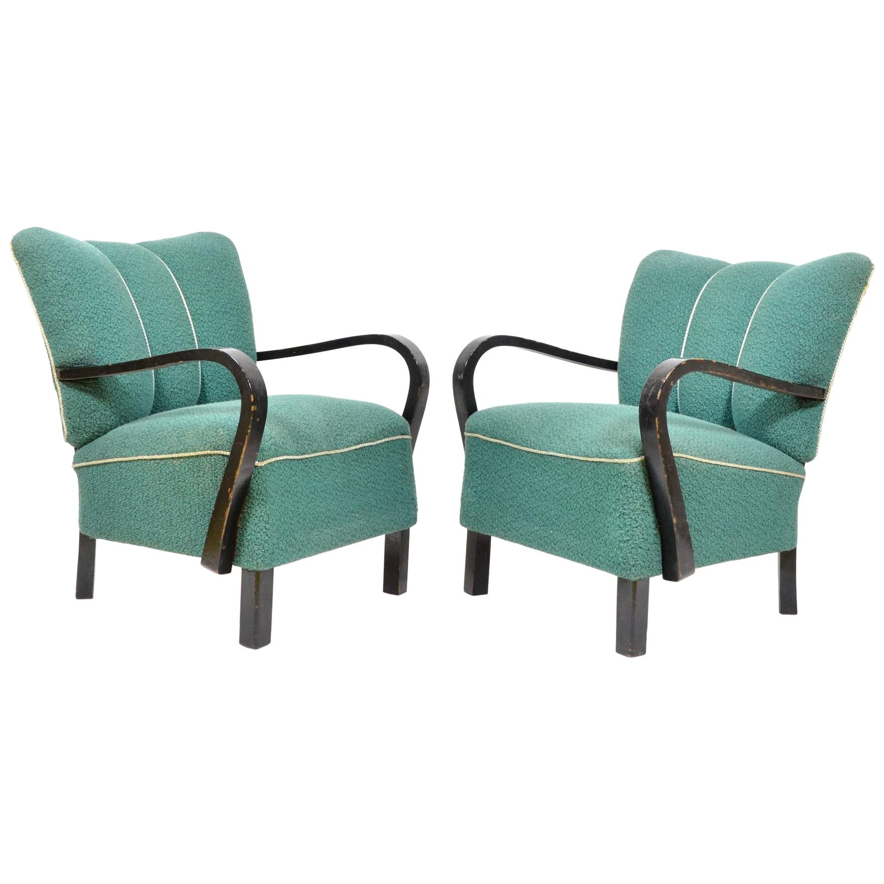 Pair of Original Armchairs with Wooden Armrests, Czechoslovakia, 1940s For Sale
