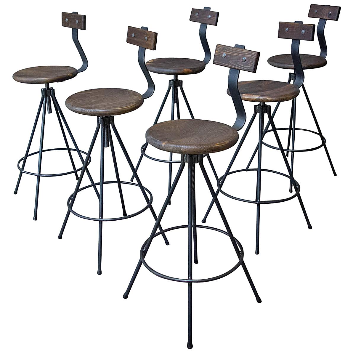 Handmade Industrial Bar Stools with Back and Spindle For Sale