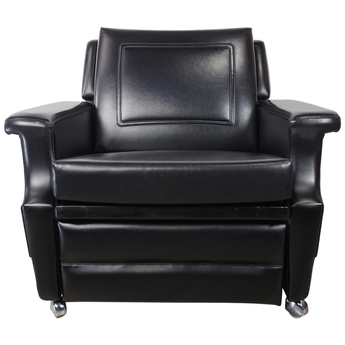1950s French Design Recliner and Relax Black Faux Leather Armchair