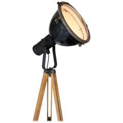 Wooden Tripod Black Enamel Vintage Industrial Spot Light Floor Lamp
