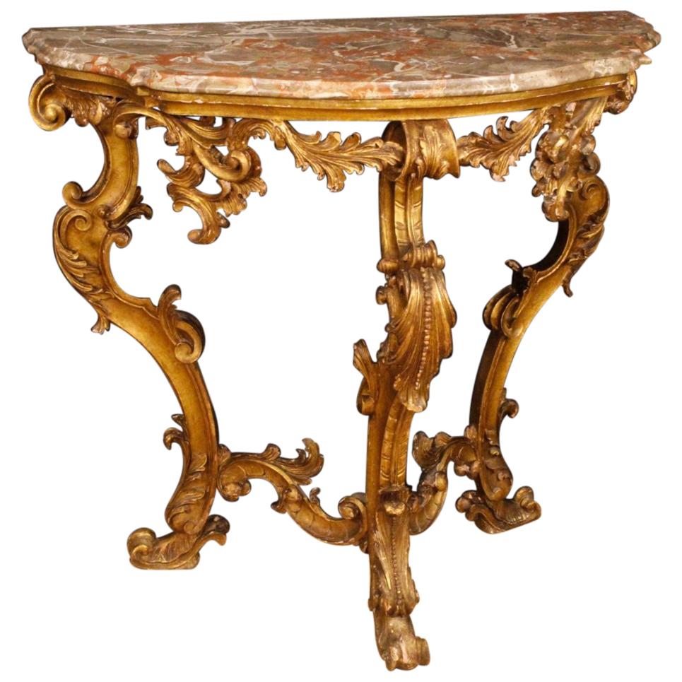 20th Century Gilded Wood With Marble Top Italian Louis XV Style Console, 1930