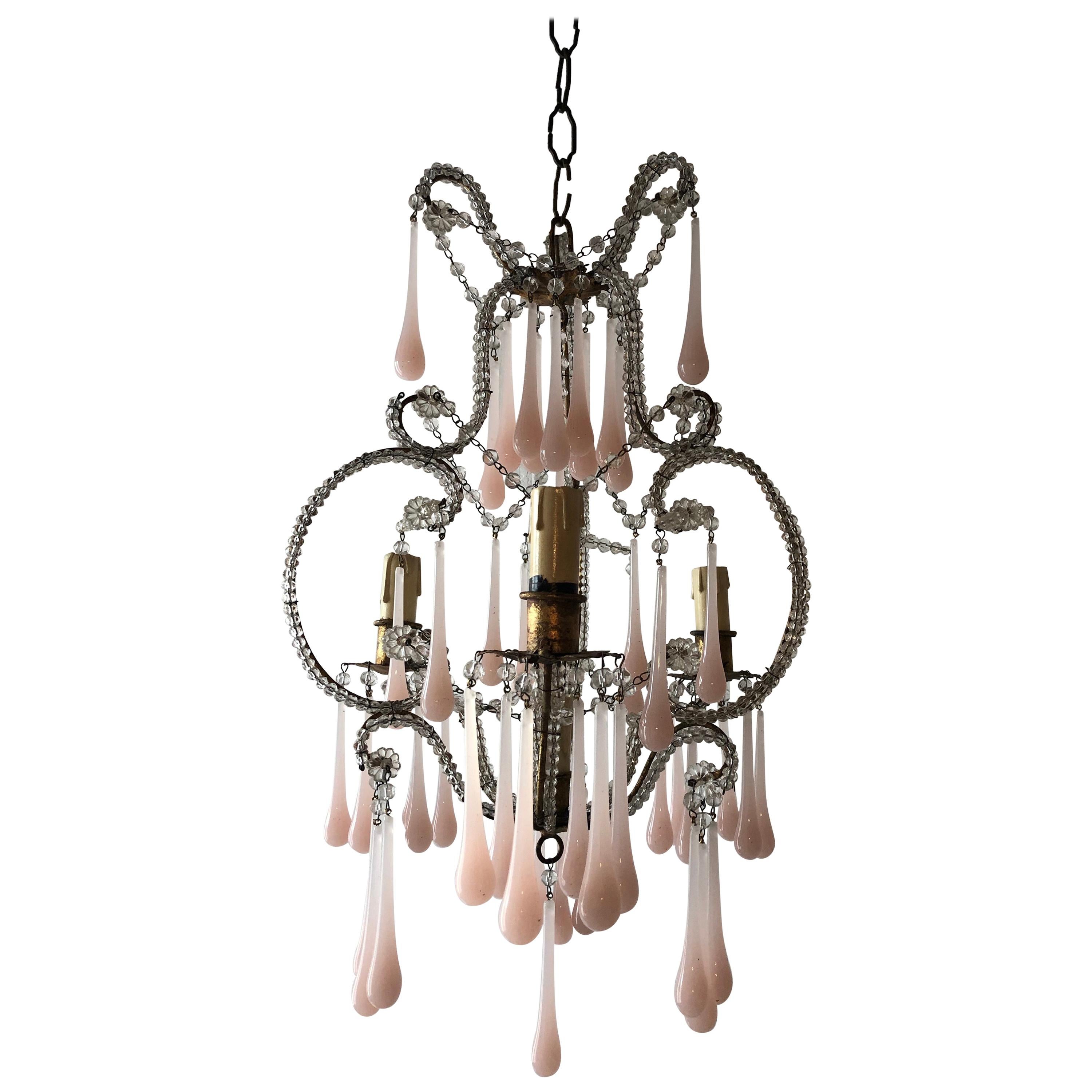 French Beaded Pink Opaline Murano Drops Chandelier, circa 1920