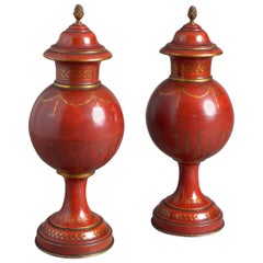 Pair of Late 19th Century Red Toleware Covered Urns