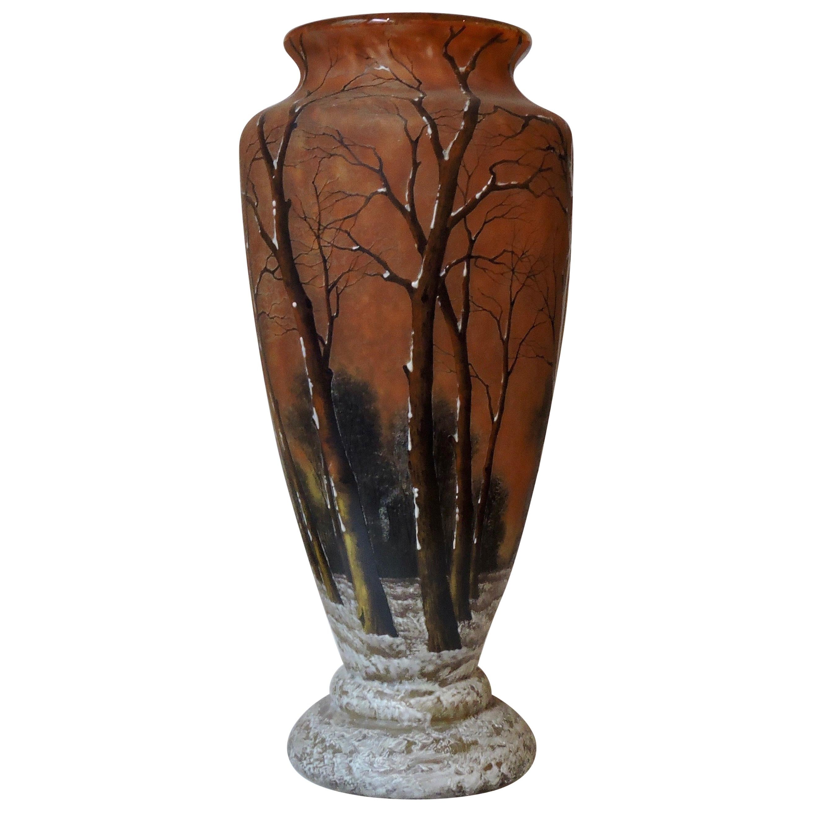 French Daum Nancy Enameled  Winter Landscape Glass Vase, circa 1900