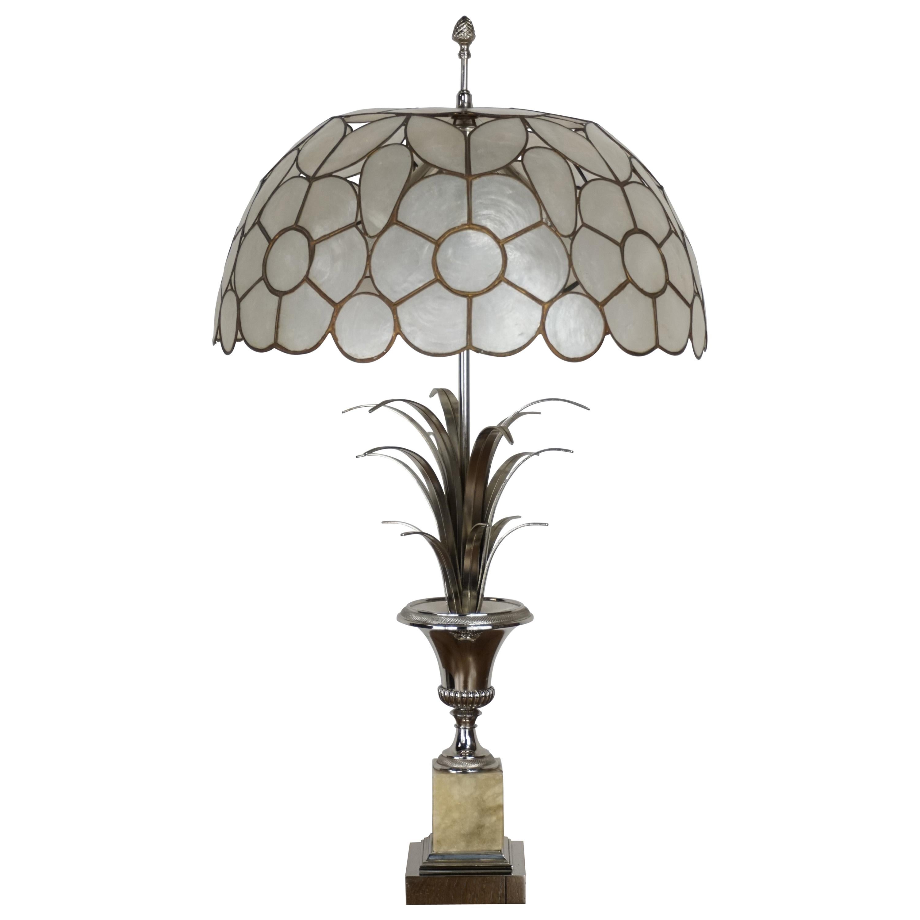 Large Lamp "Roseaux" in Chromed Metal, Onyx and Mother of Pearl Shade