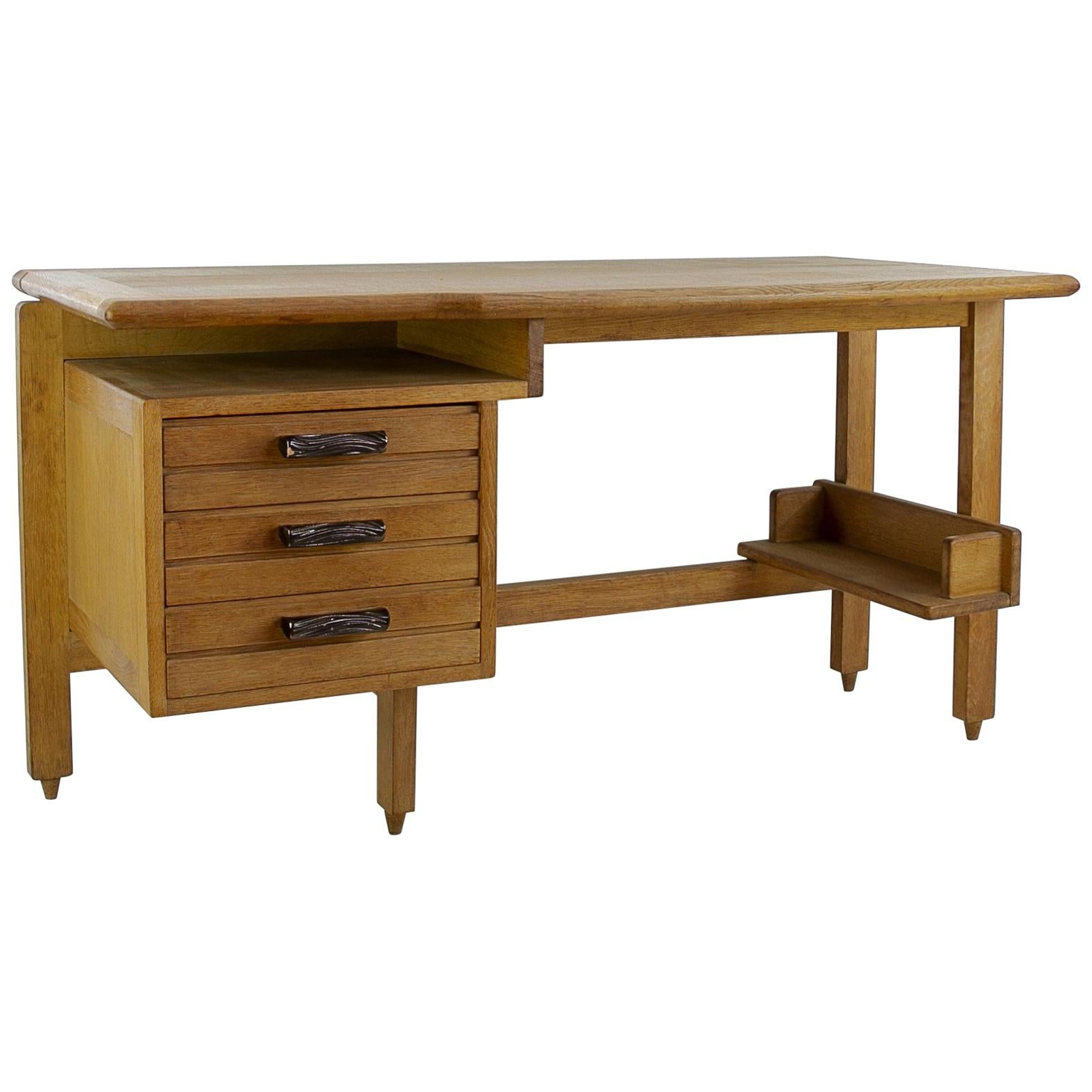 Guillerme and Chambron 3-Drawers Oak Desk with Ceramic Handles