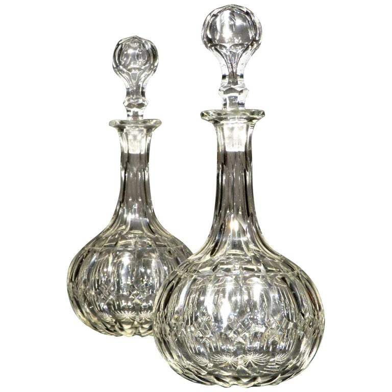 Fine Pair of 19th Century Shaft and Globe Cut Glass Decanters, England Circa 1880 For Sale at