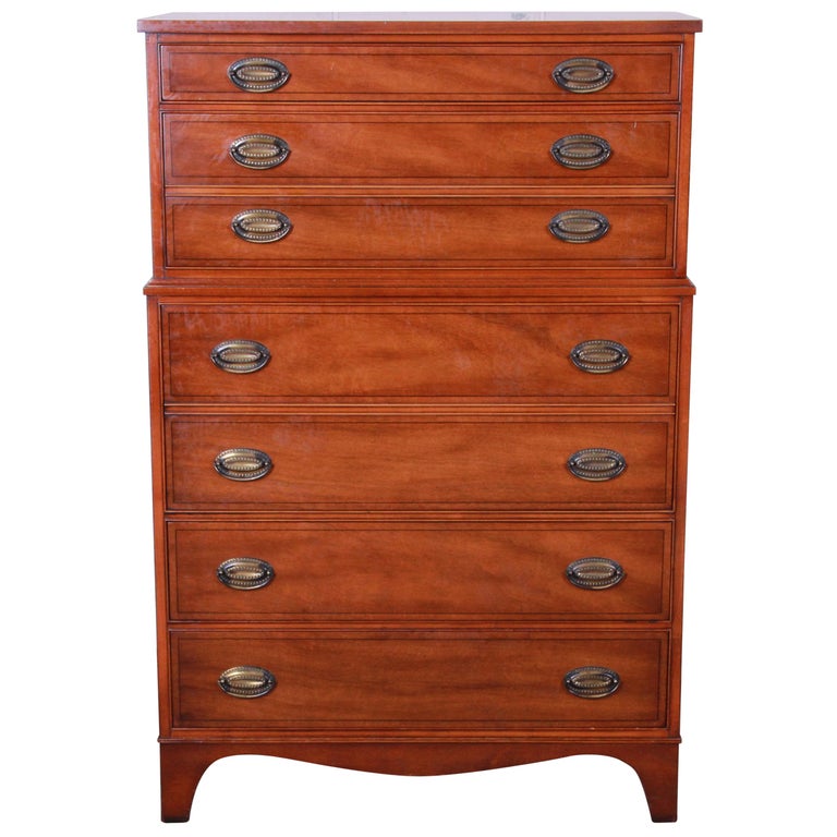 Heritage Henredon Inlaid Mahogany Highboy Dresser at 1stDibs