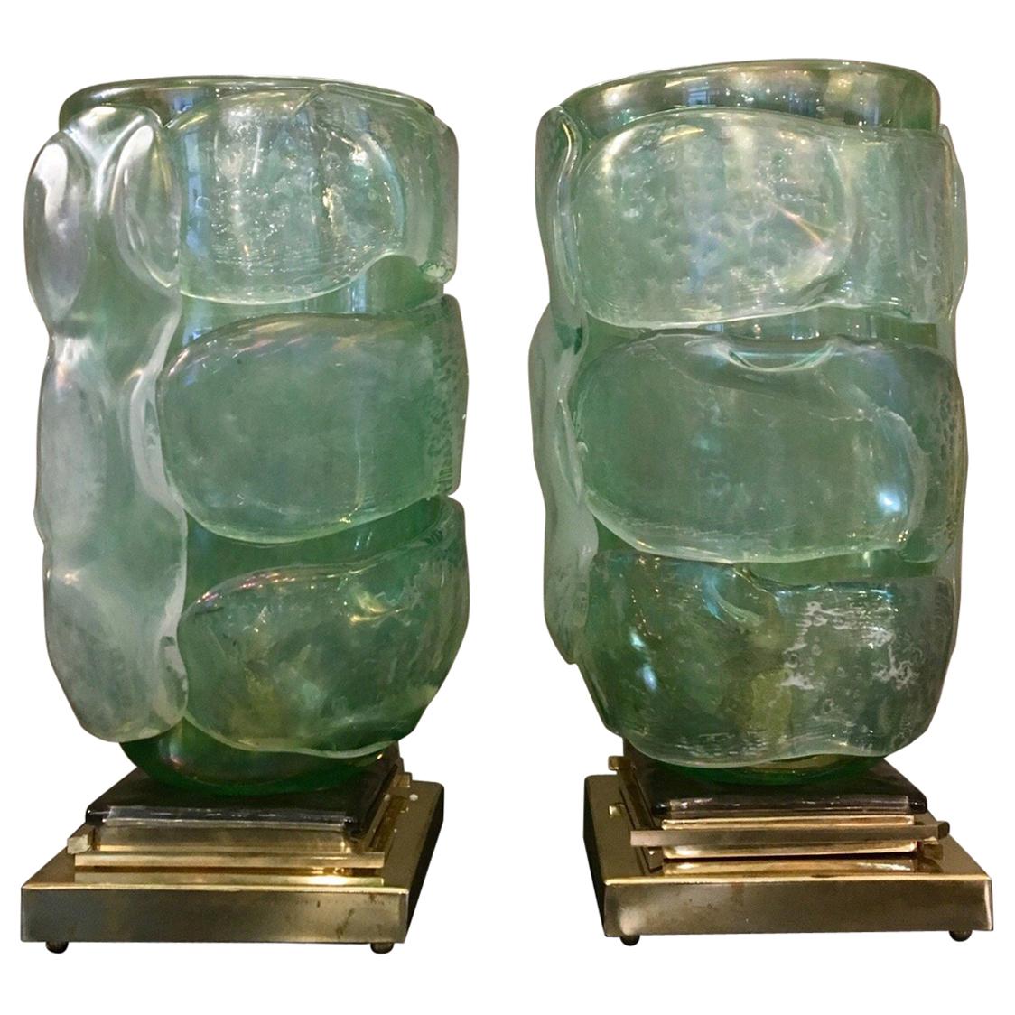 Pair of Acquamarine Color Murano Glass Table Lamps Brass Base, 1980s